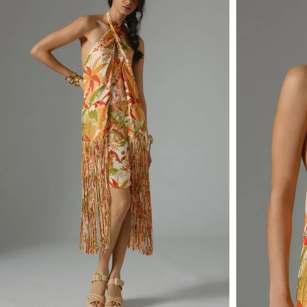 FARM Rio Tropical Fringe leopard forest sand Mini Dress - Picture 4 of 8